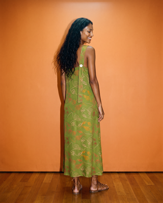 LIANDRA Multiway Dress in Verdant olive satin crepe, wrapped soft at the waist