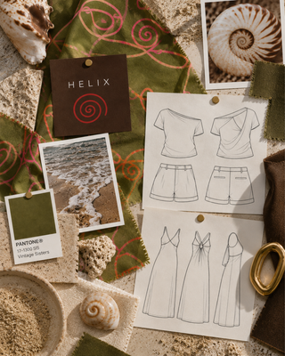 HELIX mood board with the nautilus shell, Verdant fabric, design sketches and a Pantone swatch