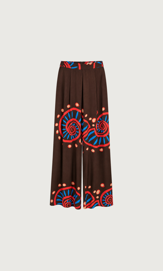 LIANDRA Long Pants in the hand-drawn Nautilus print, warm brown satin crepe with a soft waist and wide leg
