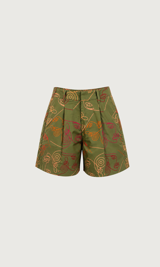 LIANDRA Shorts in the hand-drawn Verdant print, deep olive cotton poplin with a relaxed leg