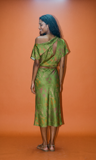 LIANDRA Key-Hole Top in Verdant olive, shown on model