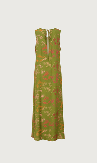 LIANDRA Midi Dress in Verdant olive, satin crepe skimming through the body