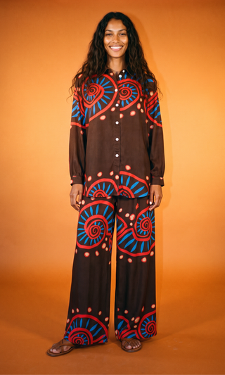 LIANDRA Long Pants in Nautilus brown, fluid satin crepe falling through a wide easy leg