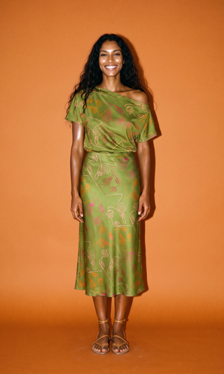 LIANDRA Key-Hole Top in the hand-drawn Verdant print, deep olive satin crepe with a soft keyhole neckline