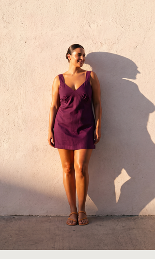 LIANDRA Cowrie Mini Dress in a rich plum cotton poplin, short and easy with a ruched bust