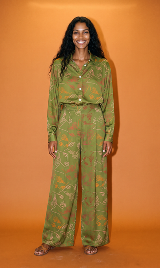 LIANDRA Wide-Leg Pants in the hand-drawn Verdant print, deep olive satin crepe with a soft waist and wide leg