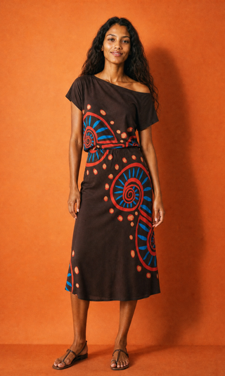 LIANDRA Nautilus print Key-Hole Top worn with the matching Bias Midi Skirt in warm brown satin crepe