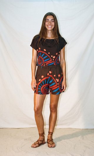 LIANDRA Nautilus print Shorts in brown cotton poplin, shown on model