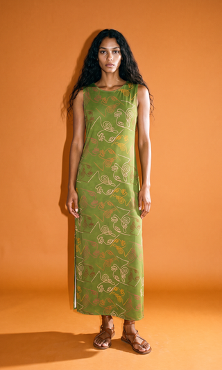 LIANDRA Midi Dress in the hand-drawn Verdant print, deep olive satin crepe with a clean neckline